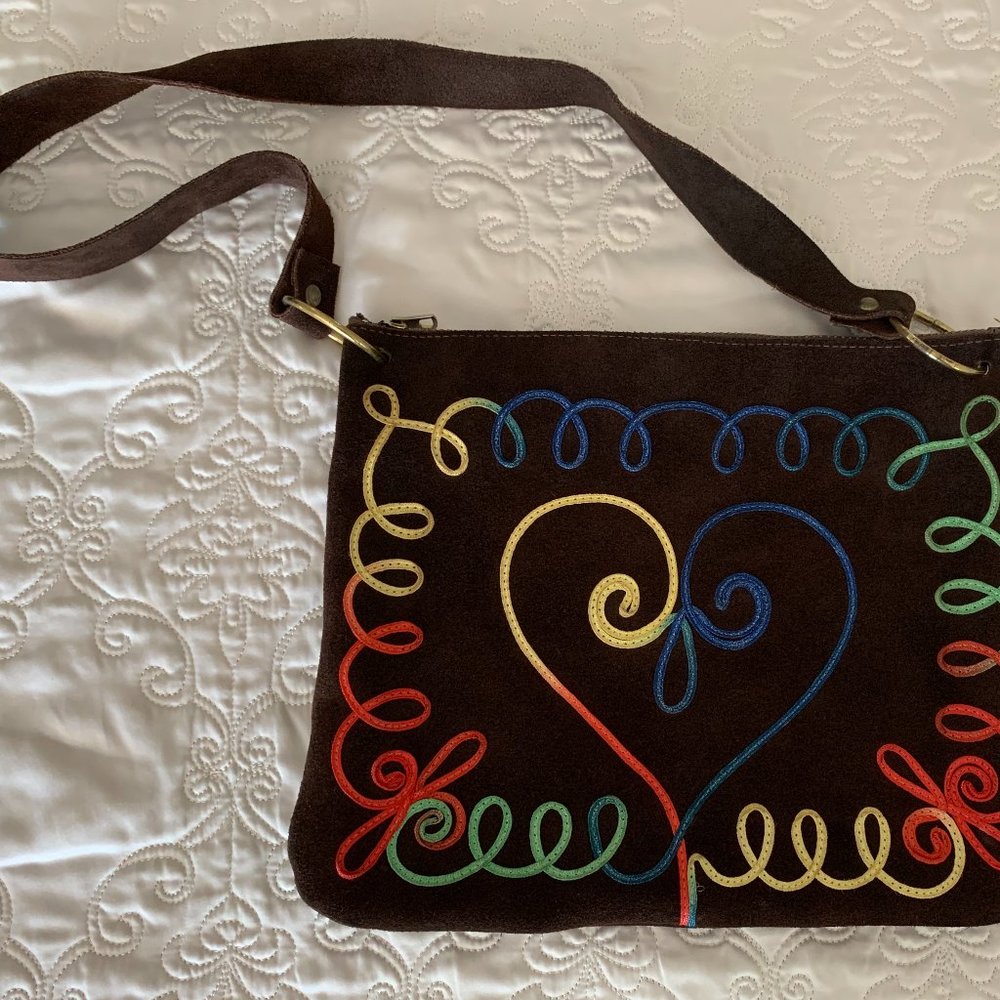 Brown Suede Handbag with Colored Threading